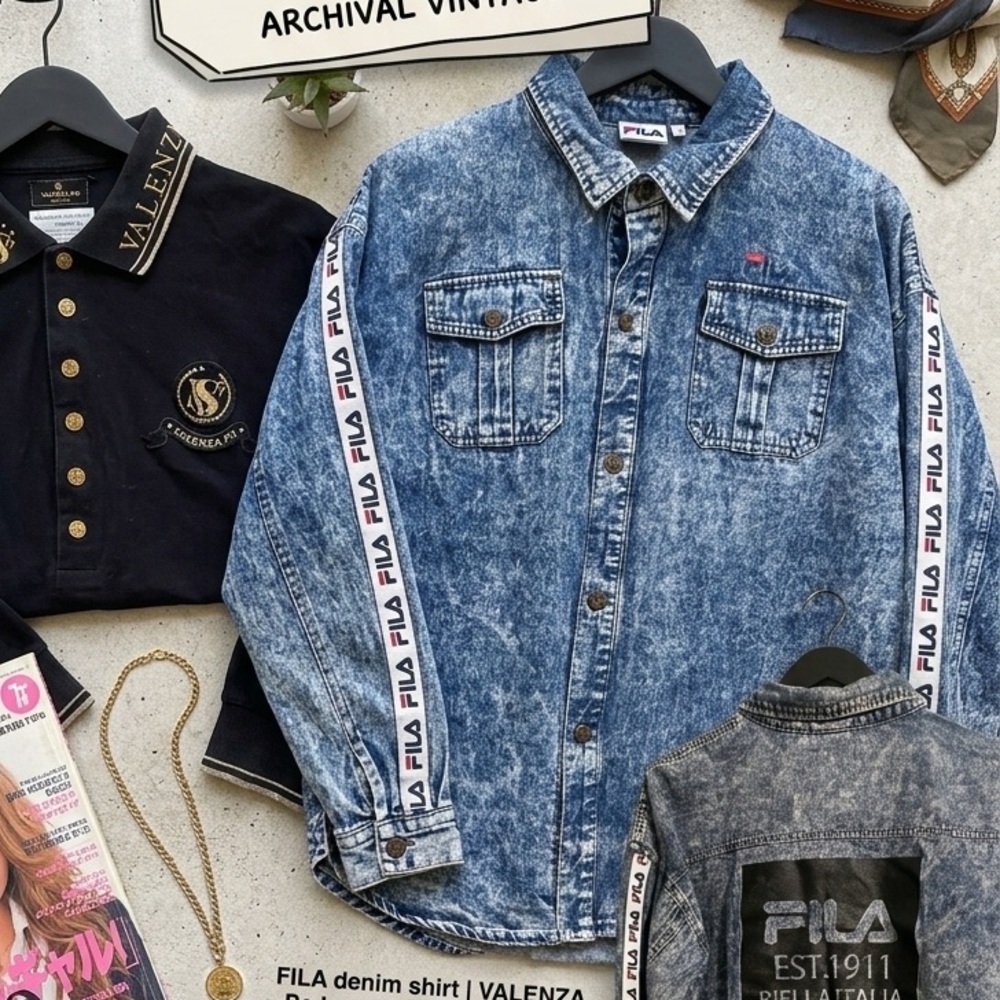 Fila Acid-Wash Cecil Mcbee Denim Shirt Cuff with Logo Tape ( Shipped from Japan)